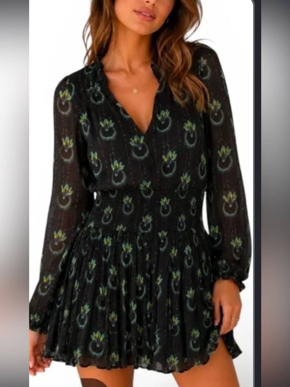 Free People Black Mini Dress with Green & Yellow Floral Motif